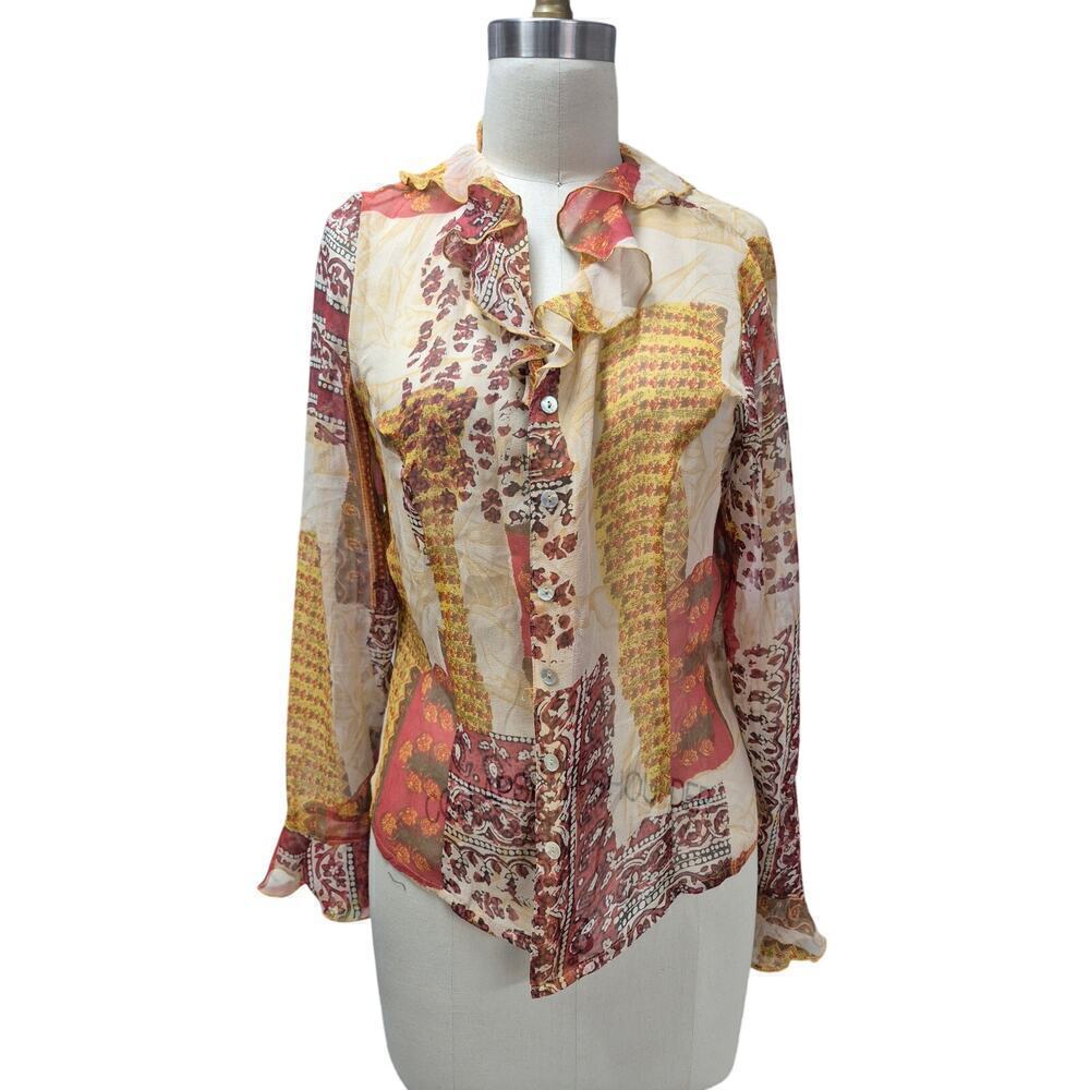 Tess Studio 100% Silk Sheer Blouse & Camisole Gold Red Print  Ruffle Neck Sz 10